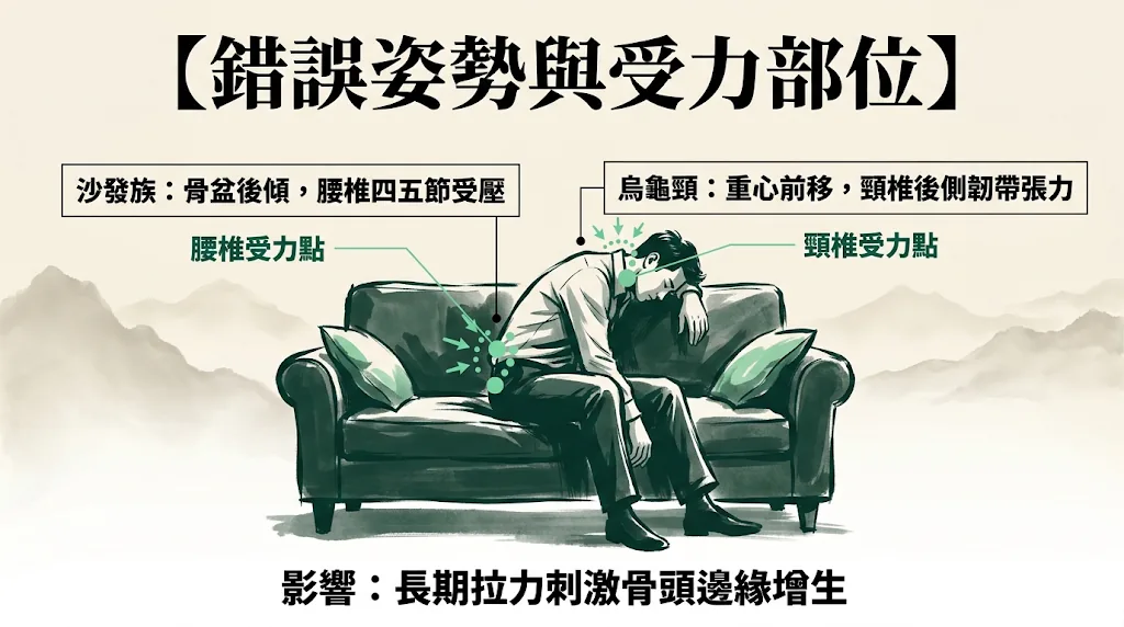 不良姿勢如沙發族與烏龜頸導致骨刺好發部位